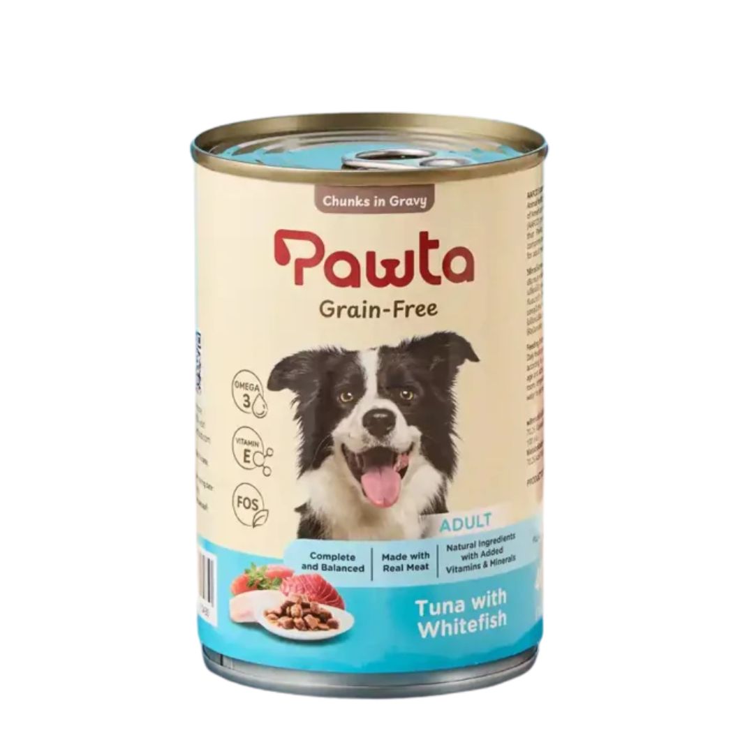 Thức ăn ướt đóng hộp Pawta vị cá ngừ và cá thịt trắng xốt gravy cho chó trưởng thành 400g